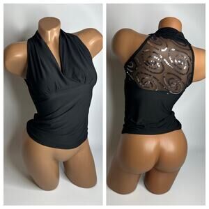 Y2K Goth Glam Black Halter Top Mesh Sequin Swirl Backless Stretchy XS/S Club